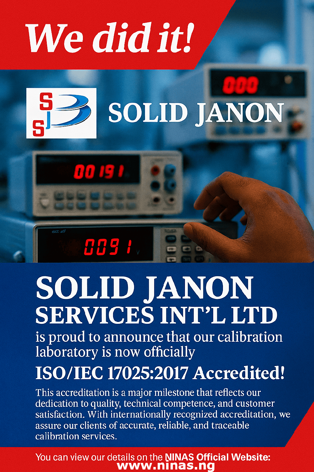ISO/IEC 17025:2017 accreditation announcement for Solid Janon Services Int’l Ltd